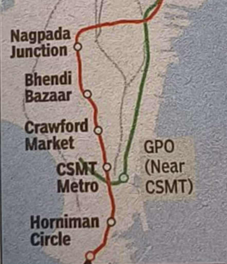 DMRC to submit Metro Line 11 new DPR (marked in red) to MMRCL by June 15th.  Revised alignment will pass through Nagpada, Bhendi Bazar, Crawford Market  and Gateway of India.