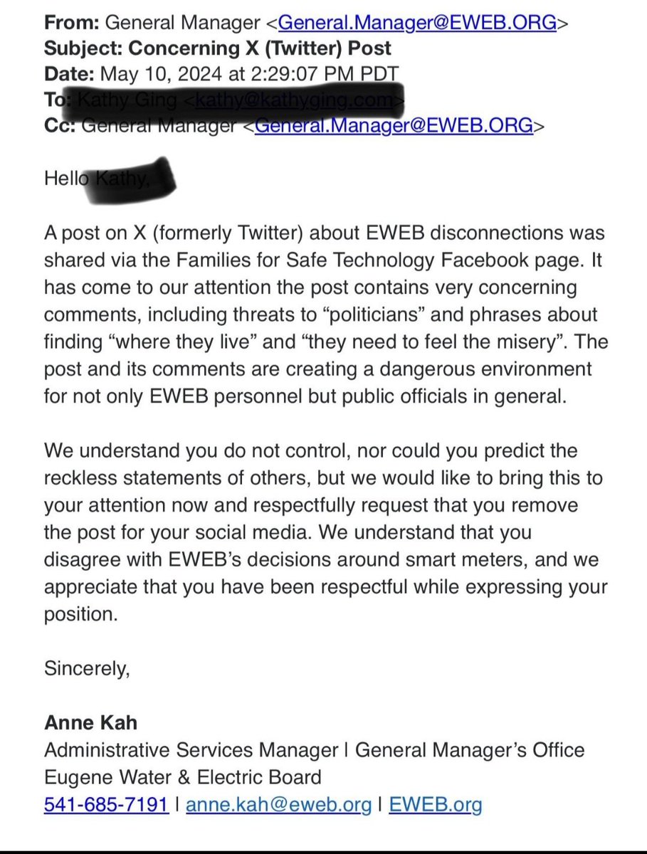OREGON #EWEB Anne Koh, Administrative Services Manager of Eugene Water Electric Board (EWEB) is 'demanding' that the social media post be removed, after EWEB SHUT OFF customers water + electric for non-compliance of the #SmartMeter EWEB is a public utility, just like LewIs PUD.