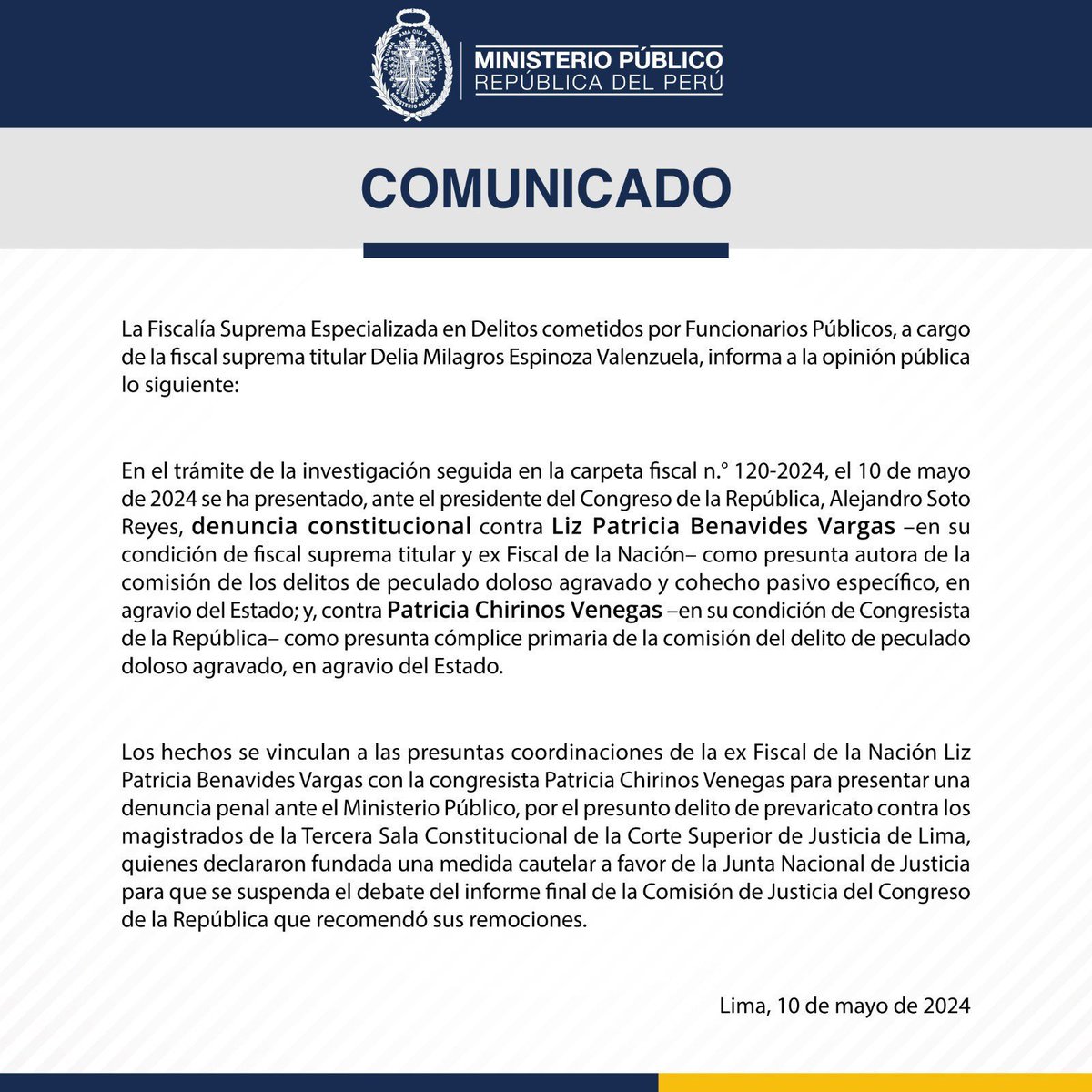 #AlertaLegislativa: Fiscalía presenta denuncia constitucional contra Patricia Benavides y contra la congresista Patricia Chirinos (#AvanzaPaís).