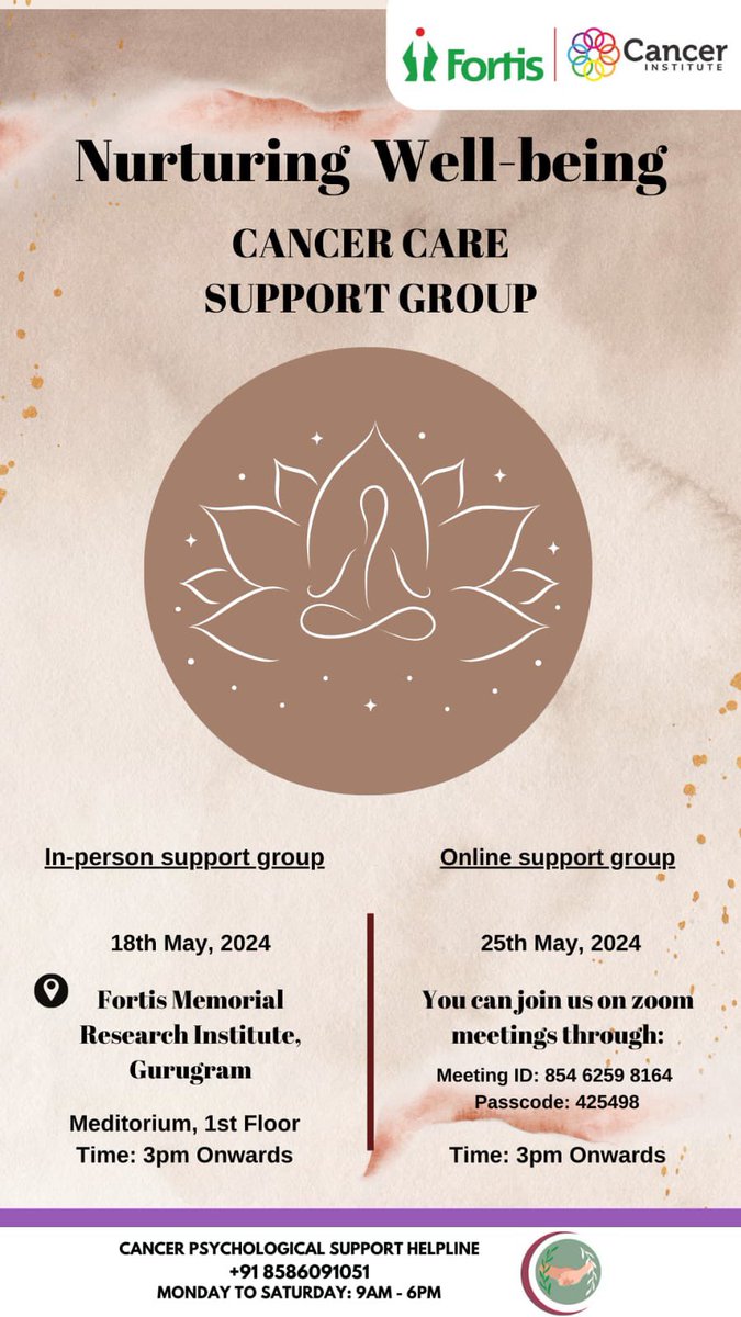 “Nurturing well-being: Cancer Care Support Group” Join us on 18th May, 2024 for in-person support group and 25th May, 2024 for online support group to build peer support for individuals with cancer. @docrohatgi