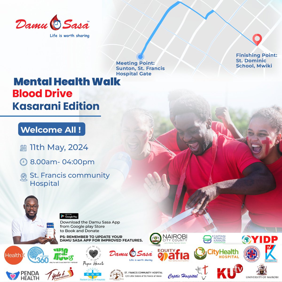 Today's the day! Join us for the Mental Health Walk Event and Blood Drive: Kasarani Edition. See you there! #MentalHealthWalkBloodDrive #BloodDrive #DamuSasa