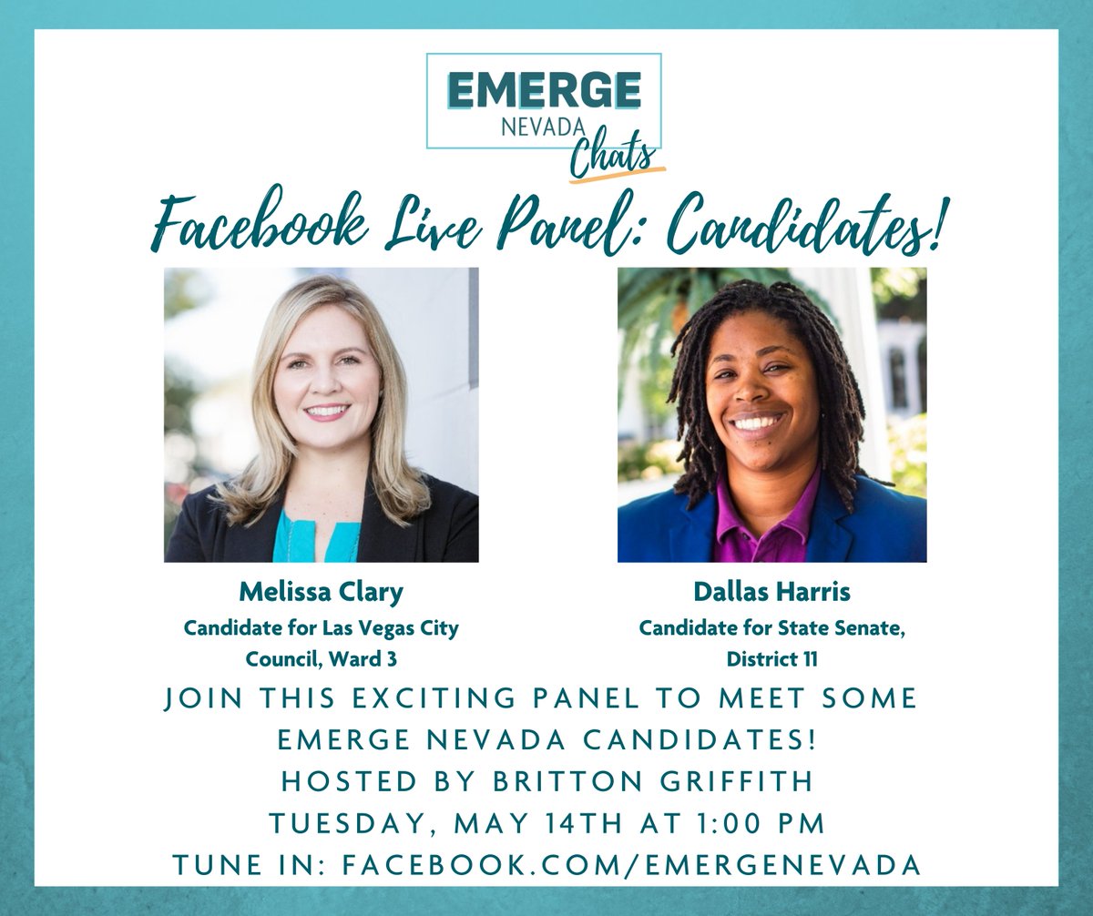 Candidates @MelissaRClary & @DallasHarrisNV are gracing the Emerge Nevada Chats series! Don't miss this exciting interview live on Facebook next Tuesday at 1pm! Facebook.com/EmergeNevada