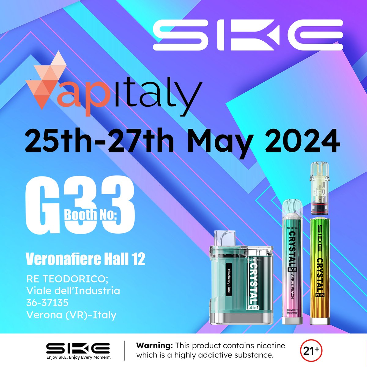 ✨Get ready to dive into the world of vaping at #vapitaly

🙌 Join us at Booth G33, Veronafiere Hall 12, from May 25th to 27th, 2024, and immerse yourself in the latest products from SKE. See you there!❤️

Warning: You must be 21+
#skevape #ske #vapelove #vapefam #vapefamily