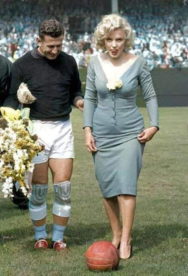 Marilyn Monroe at Ebbets Field, New York on May 12, 1957, where she made the ceremonial first kick in a soccer match between USA and Israel.