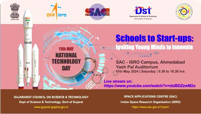 Let's celebrate the historic occasion of #NationalTechnologyDay with @InfoGujcost @dstGujarat’s live session for lovers of #Science & #Technology!  On YouTub👇 youtube.com/live/hd5L5cvDX… @monakhandhar @narottamsahoo @karandi65 @IndiaDST @CollectorAmr @ddoamreli @guptaakhilesh63
