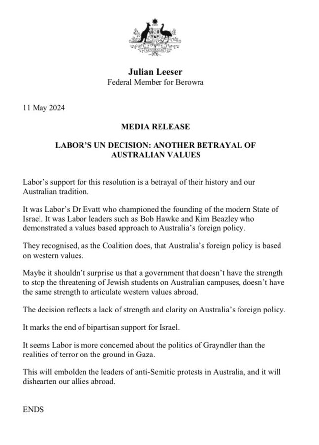 Well said by my good friend @JulianLeeser on Australia's shameful surrender of our formerly bipartisan consensus on Israel - and especially at this time. Labor esp betraying its own past.