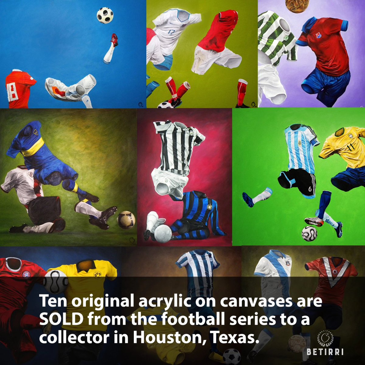 I'm thrilled to announce that ten of my paintings, capturing the dynamic essence of football with my unique bodiless figures, have just been acquired by a passionate collector right here in Houston, Texas! 
#ArtofFootball #FootballArt