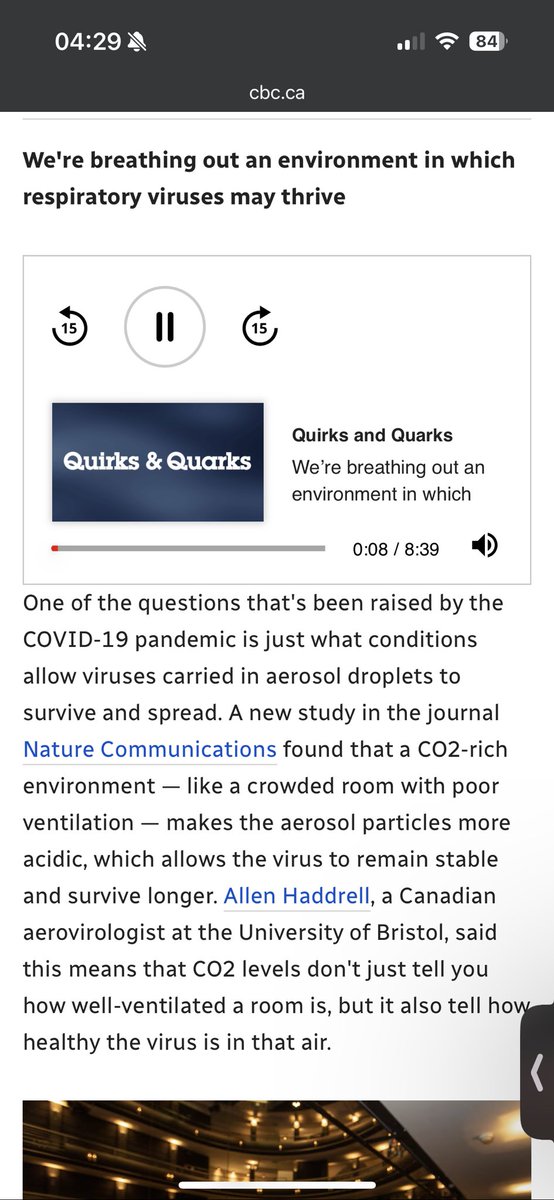 Our latest publication on the effect of CO2 on #SARSCoV2 aerostability is featured on Quirks and Quarks! I was interviewed for ~1 hr, 8 min presented. Check it out! The segment can be found halfway down the page, or at about the 26 min mark of the episode cbc.ca/radio/quirks/q…