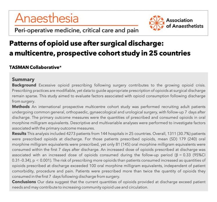 Hope Werenski (@hopewerenski) on Twitter photo Second paper to come out of our international effort to assess patterns of opioid use after surgical discharge <a href="/TASMANCollab/">TASMAN Collaborative</a>
…-publications.onlinelibrary.wiley.com/doi/10.1111/an… Second paper to come out of our international effort to assess patterns of opioid use after surgical discharge <a href="/TASMANCollab/">TASMAN Collaborative</a>
…-publications.onlinelibrary.wiley.com/doi/10.1111/an…