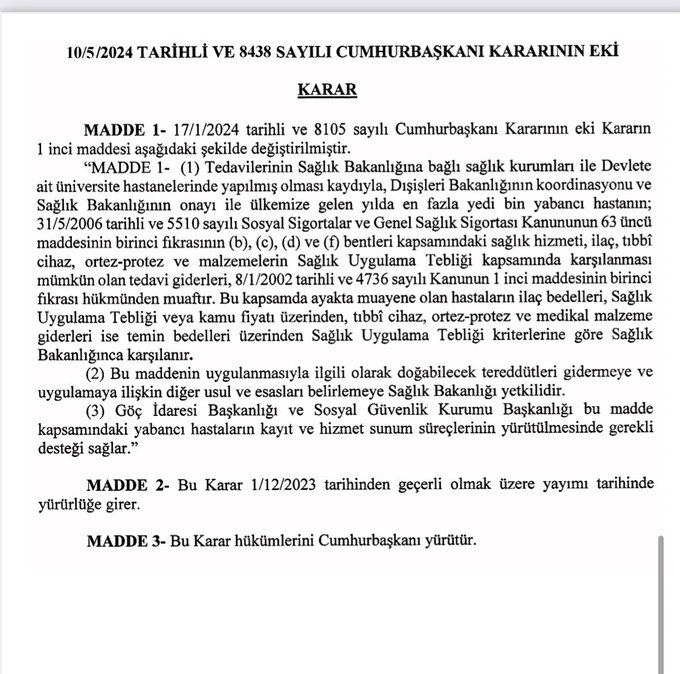 ekindru's tweet photo. Yabancı hastaların ilaç, tıbbi cihaz, ortez-protez, malzemeler ve diğer tedavi giderlerini devlet karşılayacak. Karar resmi gazetede yayımlandı. https://t.co/1hPF0lFYSU