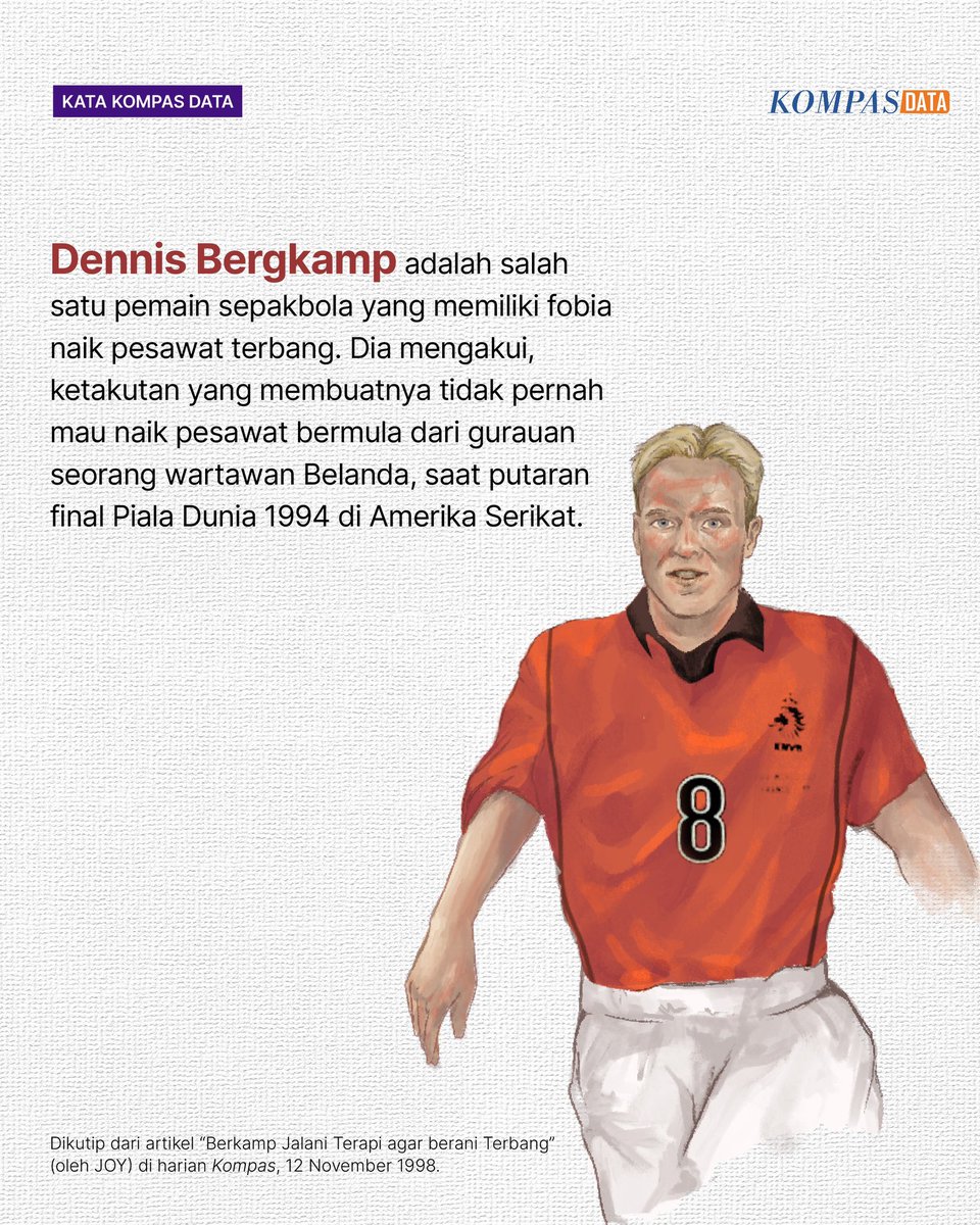 Salah satu yang diingat publik sepak bola selain kemampuannya dalam mengolah si kulit bundar adalah ketakutannya naik pesawat terbang. Bergkamp beberapa kali memang tidak pernah mau naik pesawat terbang. #ArsipKompas #AdadiKompas