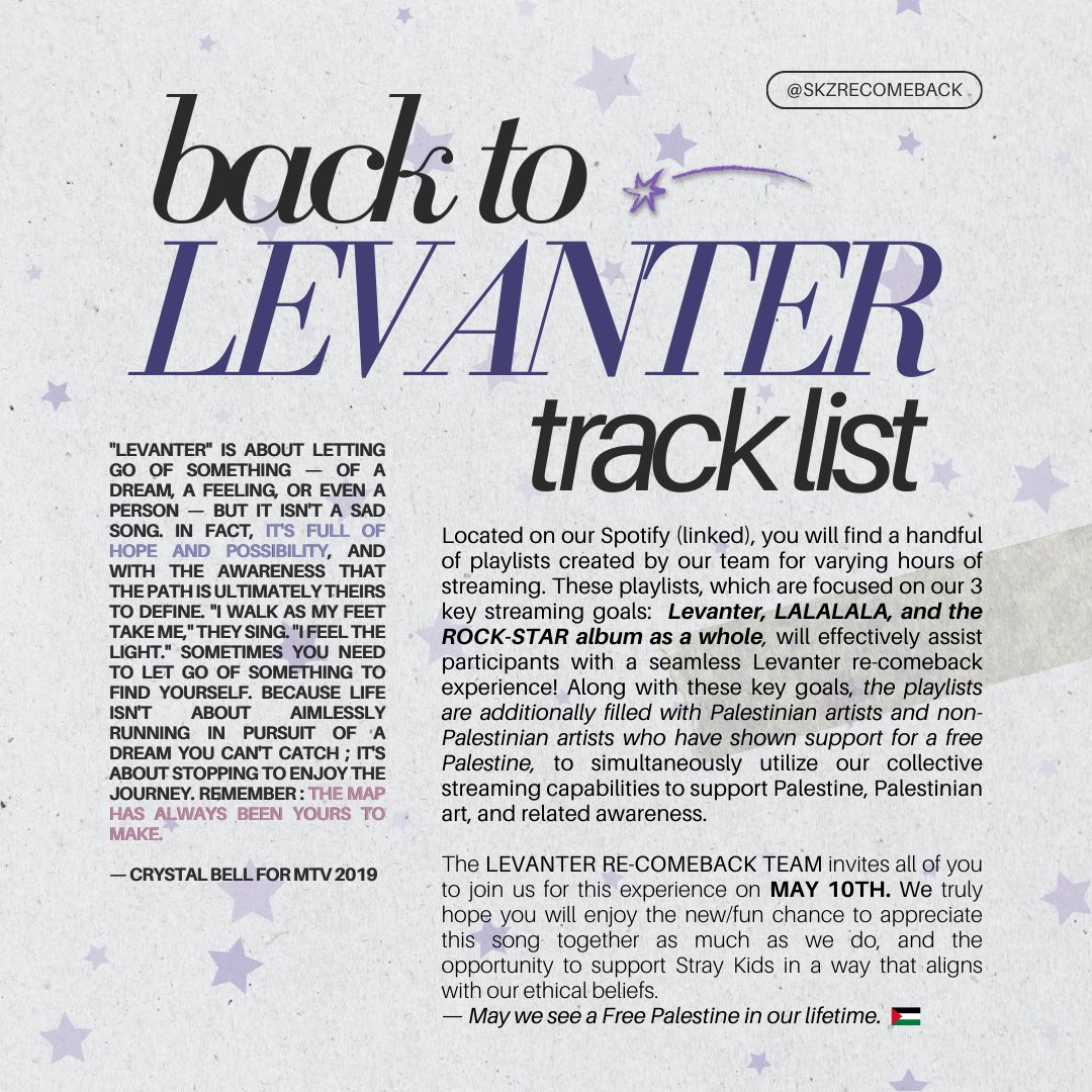 skzrecomeback's tweet photo. LEVANTER RE-COMEBACK 🌗
Time for DAY 2 of our #BackToLevanter project, so please come join us!
Our STATIONHEAD is still LIVE, and our Spotify playlists are below
— Join us below!
🎧 https://t.co/WRofTBTgna
📻 https://t.co/Nz9jpIdPtJ
#StrayKidsReComeback #Levanter #StrayKids https://t.co/FDu5CeCGYN