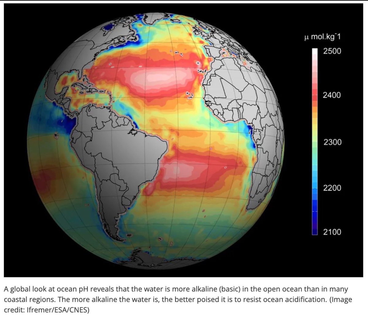 It is very obvious that ocean acidification is only a coastal effect and has nothing to do with atmospheric CO2. Se the dark blue areas. It is likely due to river and coastal land and industrial/agriculture runoff. The open oceans are not affected.
