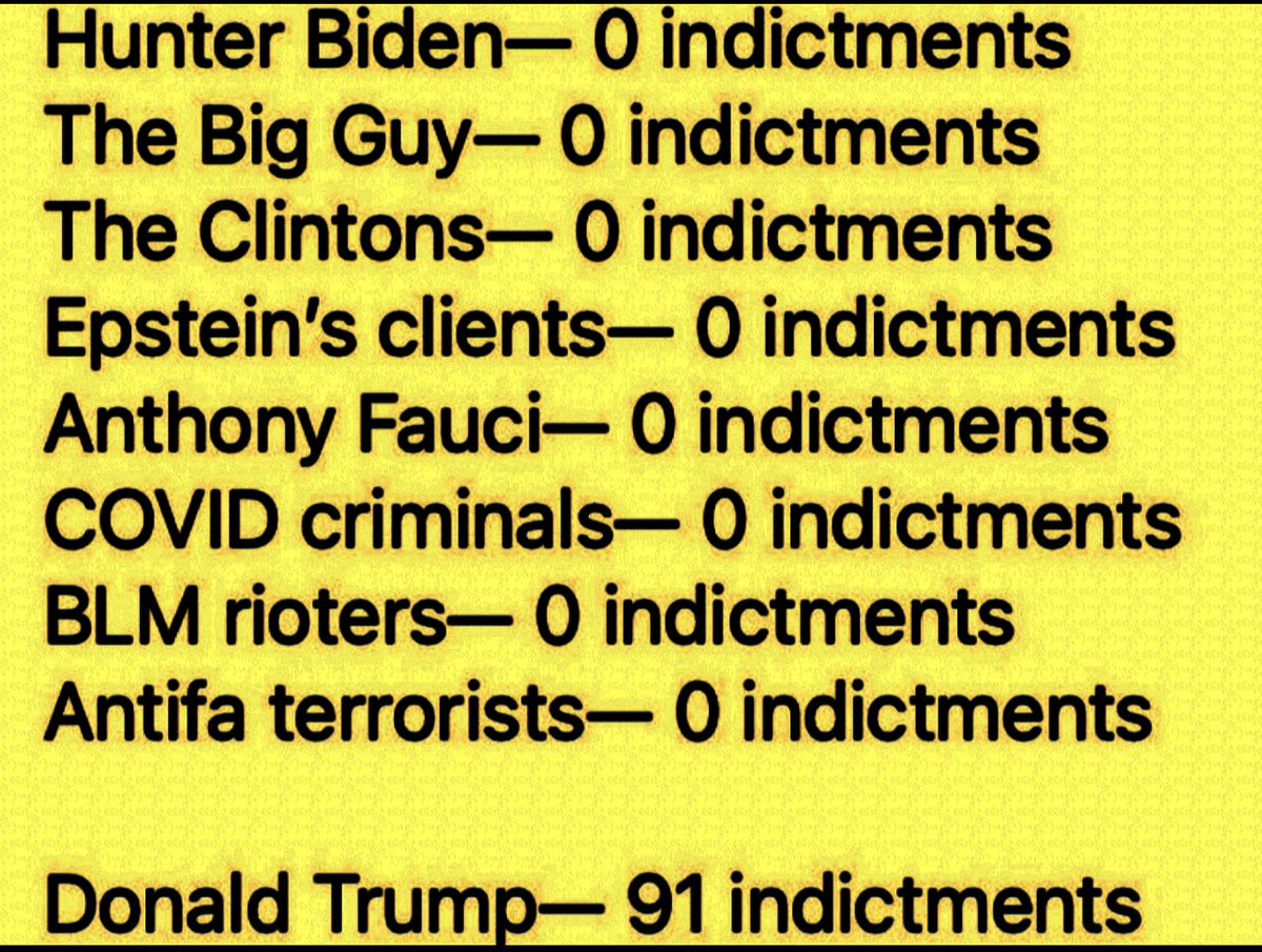 Hunter Biden, Joe Biden, Hillary Clinton, Bill Clinton, The clients of Epstein’s Island, Fauci, all the criminals who spread false Covid information, BLM, Antifa and add Obama to the list.  

Not one damn indictment. 

Trump- 91 indictments. 

Where is the GOP? 🤔