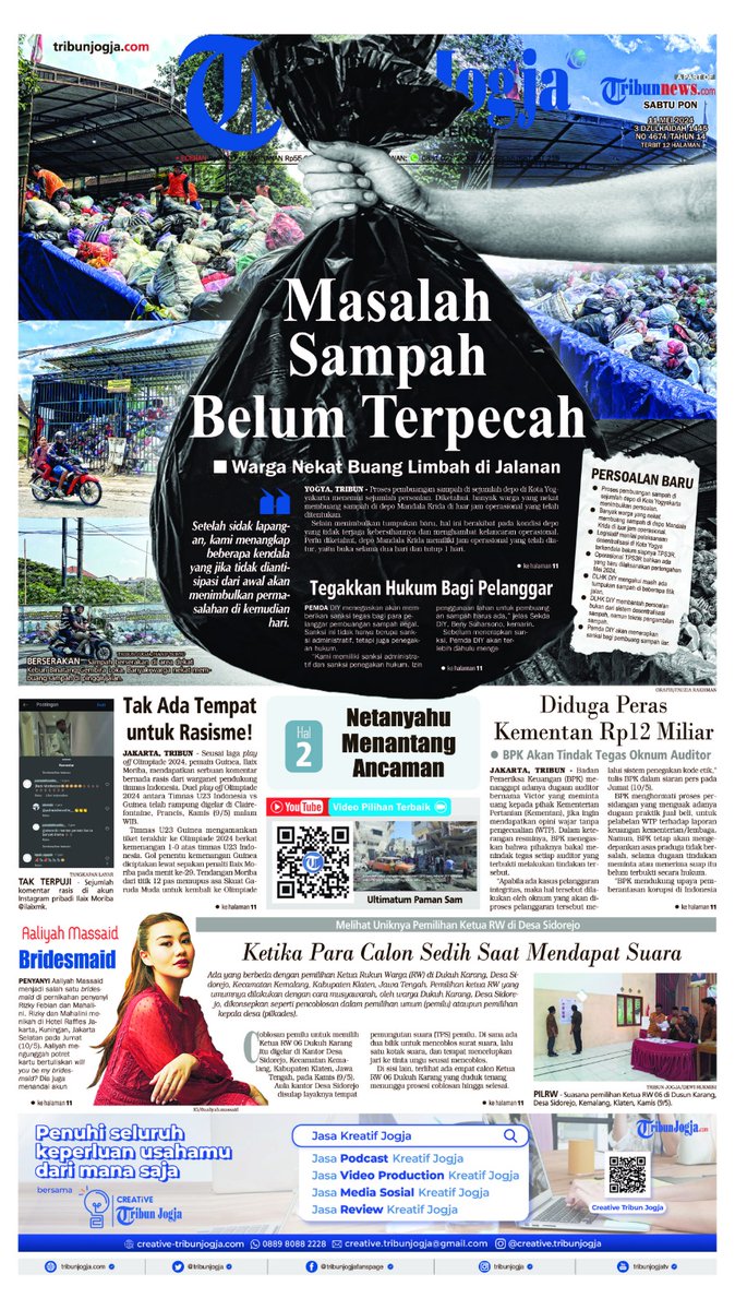 Tribun Jogja edisi Sabtu, 11 Mei 2024. #sampah #kpk #rasisme