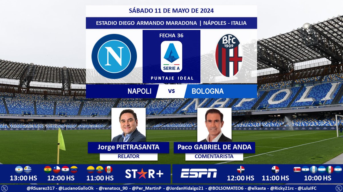 ⚽ #SerieA 🇮🇹 | #Napoli vs. #Bologna 🎙 Relator: @J_Pietra 🎙 Comentarista: @PacoGabriel_5 📺 #ESPN Centroamérica y México 💻📱 @StarPlusLA Latinoamérica 🤳 #SerieAxESPN - #ESPNenStarPlus - #NapoliBologna Dale RT 🔃