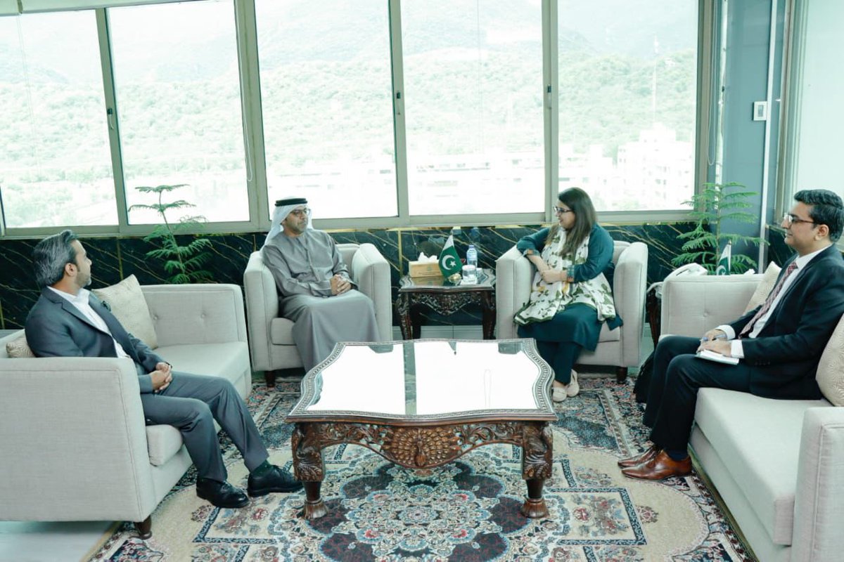 H.E. Hamad Obaid Alzaabi the Ambassador of UAE in Islamabad, meets H.E Shaza Fatima, Minister of State for Information Technology, and discusses ways to enhance bilateral partnership and cooperation between the two friendly countries