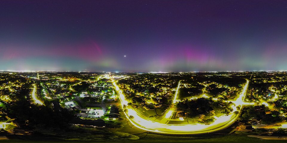 Tonights sky presented Aurora Borealis, a sky full of Northern Lights using a DJI Mini 3 Pro. May 10, 2024 skies over Kansas City from 400 feet above my Casa #djimini3pro #kansascity #globe #tinyplanet #northernlightsphotos #planetearth #panoramic