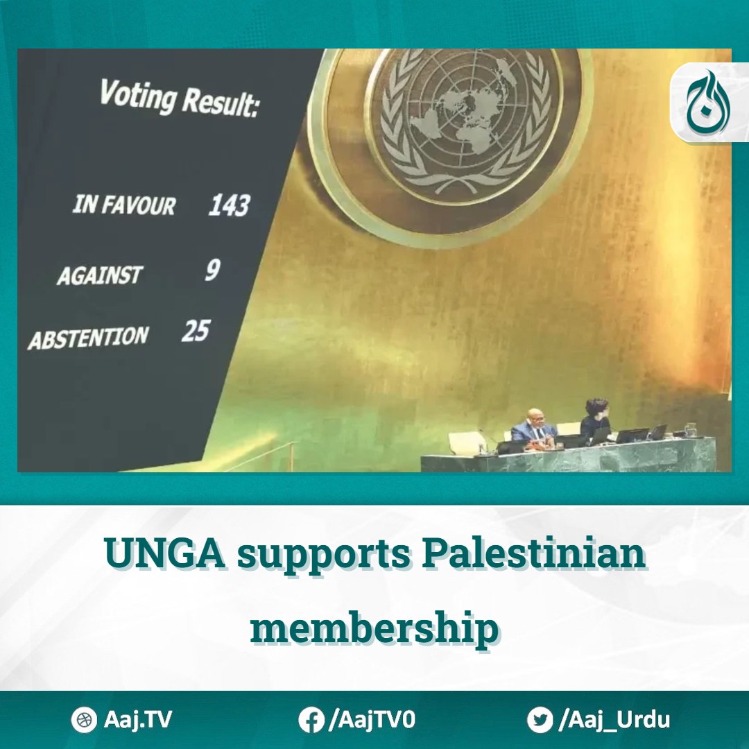 UNGA supports Palestinian membership

Read more: english.aaj.tv/news/330361279…

#UNGeneralAssembly #PalestinianBid #MembershipApproved #WorldNews #Palestine #Israel #UNSecurityCouncil #TwoStateSolution #InternationalRelations