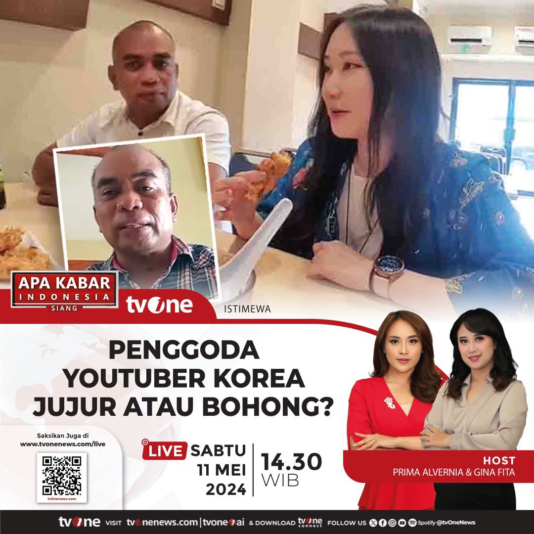 Penggoda Youtuber Korea Jujur atau Bohong? Saksikan beritanya di Apa Kabar Indonesia Siang bersama Prima Alvernia & Gina Fita pukul 14.30 WIB hanya di tvOne & live streaming di tvonenews.com/live #AKISiangtvOne #CariBeritaditvOne #PromoFTA