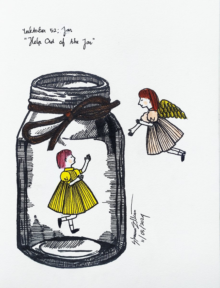 #Inktober52: Jar
'Help Out of the Jar'

#penandink #fantasyart #fairytale #illustshare #childrenillustration #littlegirl #inkdrawing #pendrawing #artmoots #artcommunity