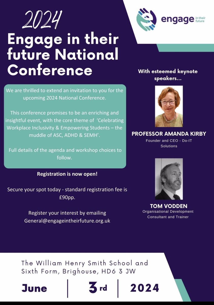 Engage in Their Future National Conference! Delighted to share afternoon workshops which complement our esteemed keynote speakers to promise a fantastic day of shared learning & networking opps for colleagues across the Ed. sector. General@engageintheirfuture.org.uk @_YJB