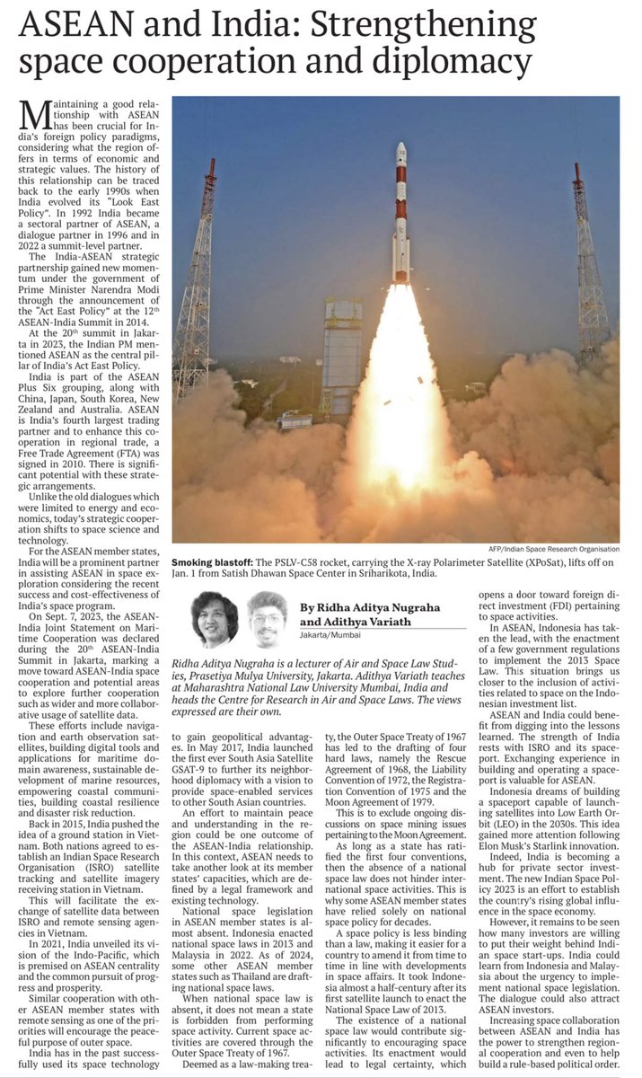 Ridha Nugraha and I write for the @jakpost on ‘ASEAN and India: Strengthening Space Cooperation and Diplomacy’. 

thejakartapost.com/opinion/2024/0…