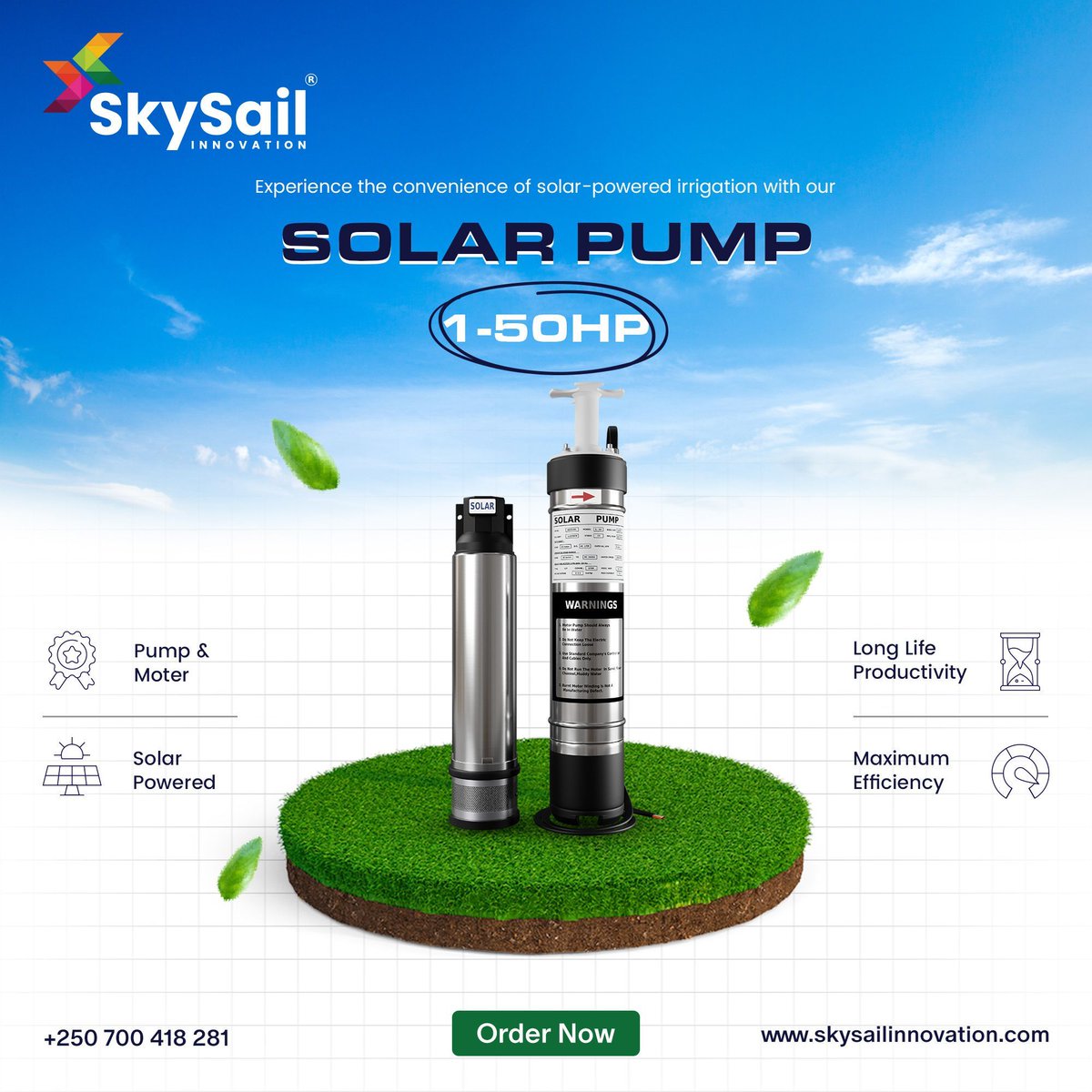 Transform your irrigation system with the convenience of Solar Powered technology! ☀️ Say goodbye to reliance on traditional power sources with our Solar Pump ranging from 1 to 50HP. Embrace efficiency and sustainability in agriculture! #SkySailInnovation #SolarPower #Irrigation