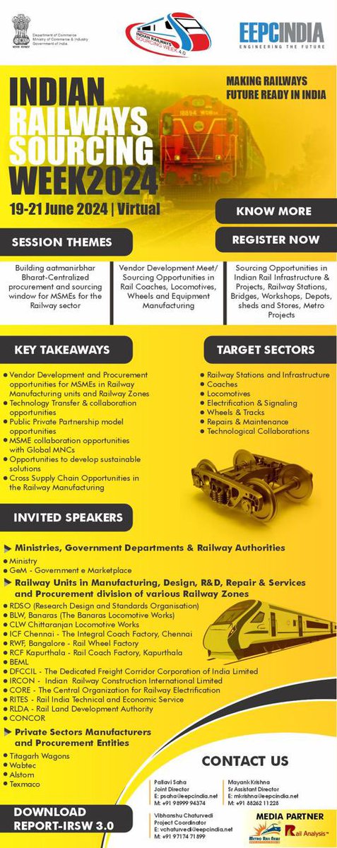 The biggest congregation of Indian Railways Units and Public and Pvt Sector Suppliers /Manufacturers @ #IRSW4.0 👉Register eepcvirtualexpo.com/conference_man… 👉Navigate eepcvirtualexpo.com/railwaysourcin…