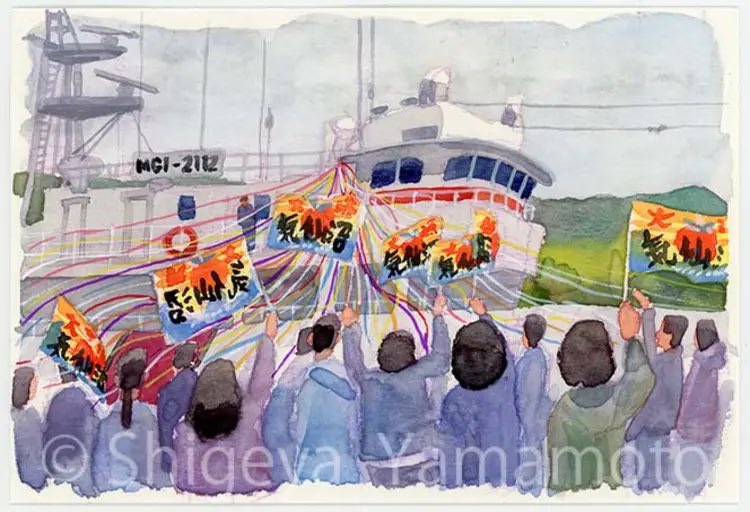 気仙沼湾での光景を描きました。一昨日の午前中、沢山の人達に混ざり遠洋漁業に出る船の見送りをしました。安全と大漁を願う人に見送られ出航する船の姿は何度見ても感動します。
#気仙沼 
#水彩画 
#watercolour 
#透明水彩 
#illustration 
#イラストレーション