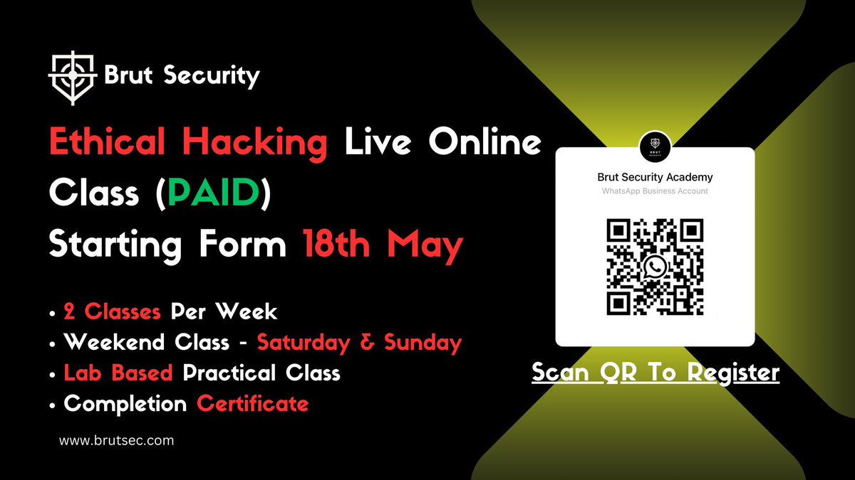 brutsecurity's tweet photo. 👉Ethical Hacking Live Online Batch
📢Starting From Next Week! 
🚨Enroll Now- https://t.co/8WzG889W0y 
📝Course Module- https://t.co/c0s2cfx5WJ

#cybersecurity #BugBounty #bugbountytip 
#ethicalhacker #ethicalhacking https://t.co/hn7pU0aoxZ