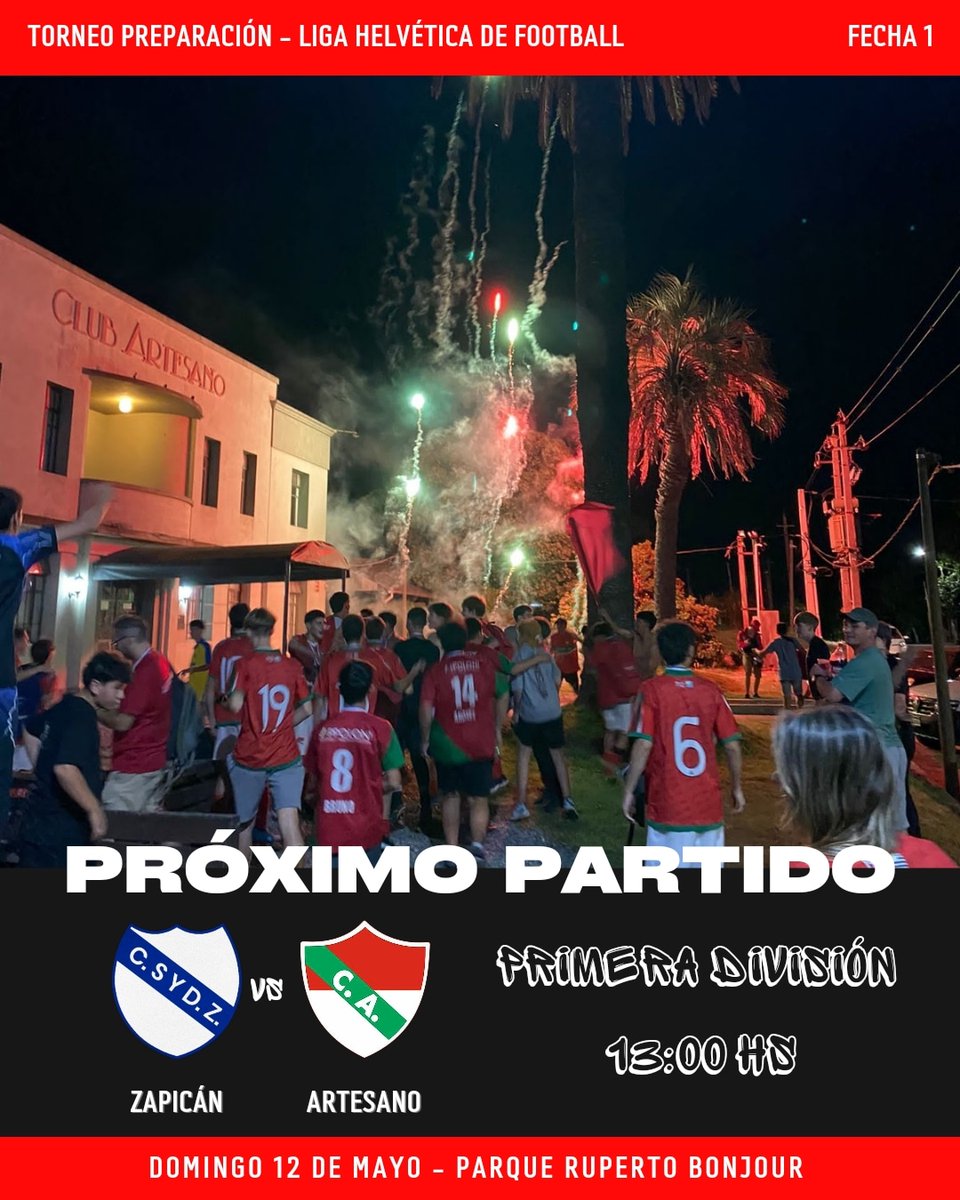 𝐉𝐮𝐞𝐠𝐚 𝐞𝐥 𝐑𝐨𝐣𝐨! 👊🏽❤️💚

🆚 @club_zapican
🗓️ Domingo 12 Mayo
🕒 13:00 HS 
🏟️ Parque Ruperto Bonjour
🏷️ Fecha 1
🏆 Torneo Preparación Liga Helvética 

Vamos Artesano! #Primera
