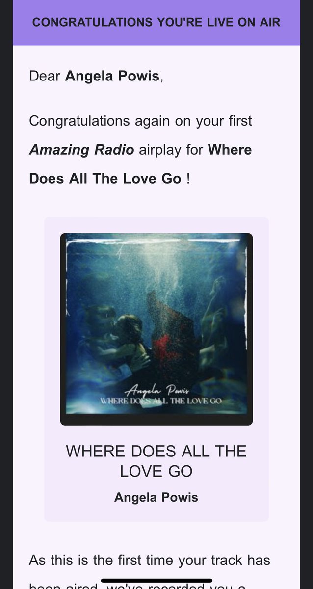 Good morning guys. 

Last night my song Where Does All The Love Go was aired on @amazingradio  U.K.  ❤️

That’s so cool
I’m so grateful!