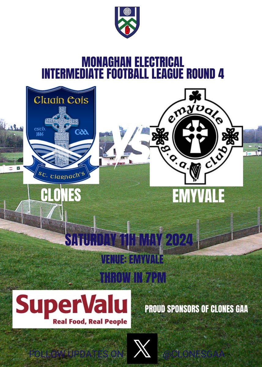 Our seniors travel to @EmyvaleGAA this evening for an important Monaghan Electrical @monaghangaa Intermediate Football League match. 

Throw in @7pm

#showyoursupport
#cluaineoisabú
⚪️🔵💪
@SuperValuClones