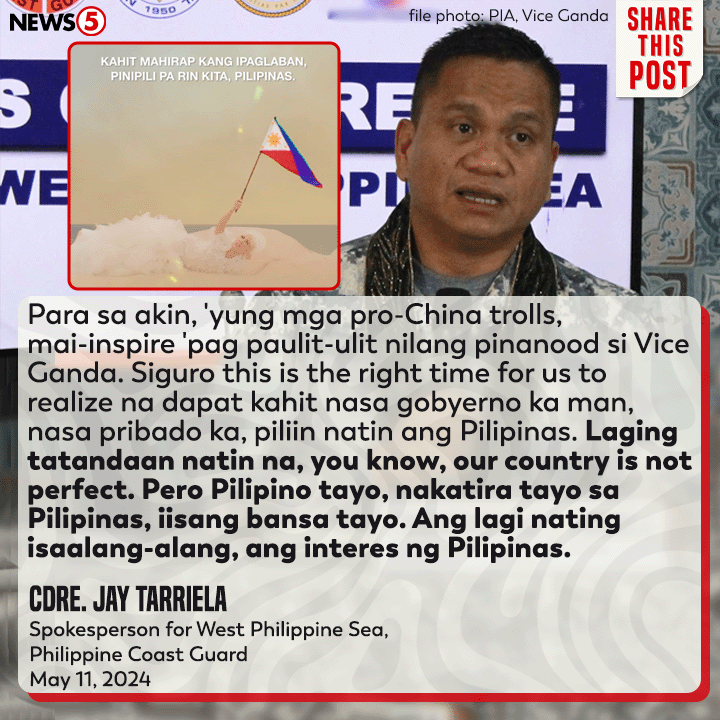 Pinasalamatan ni Philippine Coast Guard #PCG Spokesperson for the West Philippine Sea #WPS Commodore #JayTarriela si TV host #ViceGanda para sa inilabas niyang video kung saan kumasa siya sa #PiliinMoAngPilipinas transition trend. #News5