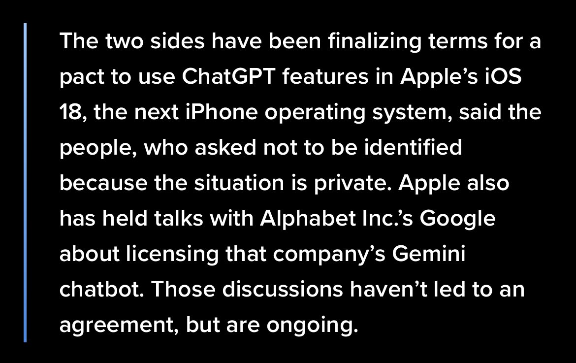 Bloombergin lähteiden mukaan Apple olisi lähellä sopimusta tuoda ChatGPT osaksi käyttöjärjestelmäänsä 🦾 #tekoäly #Apple