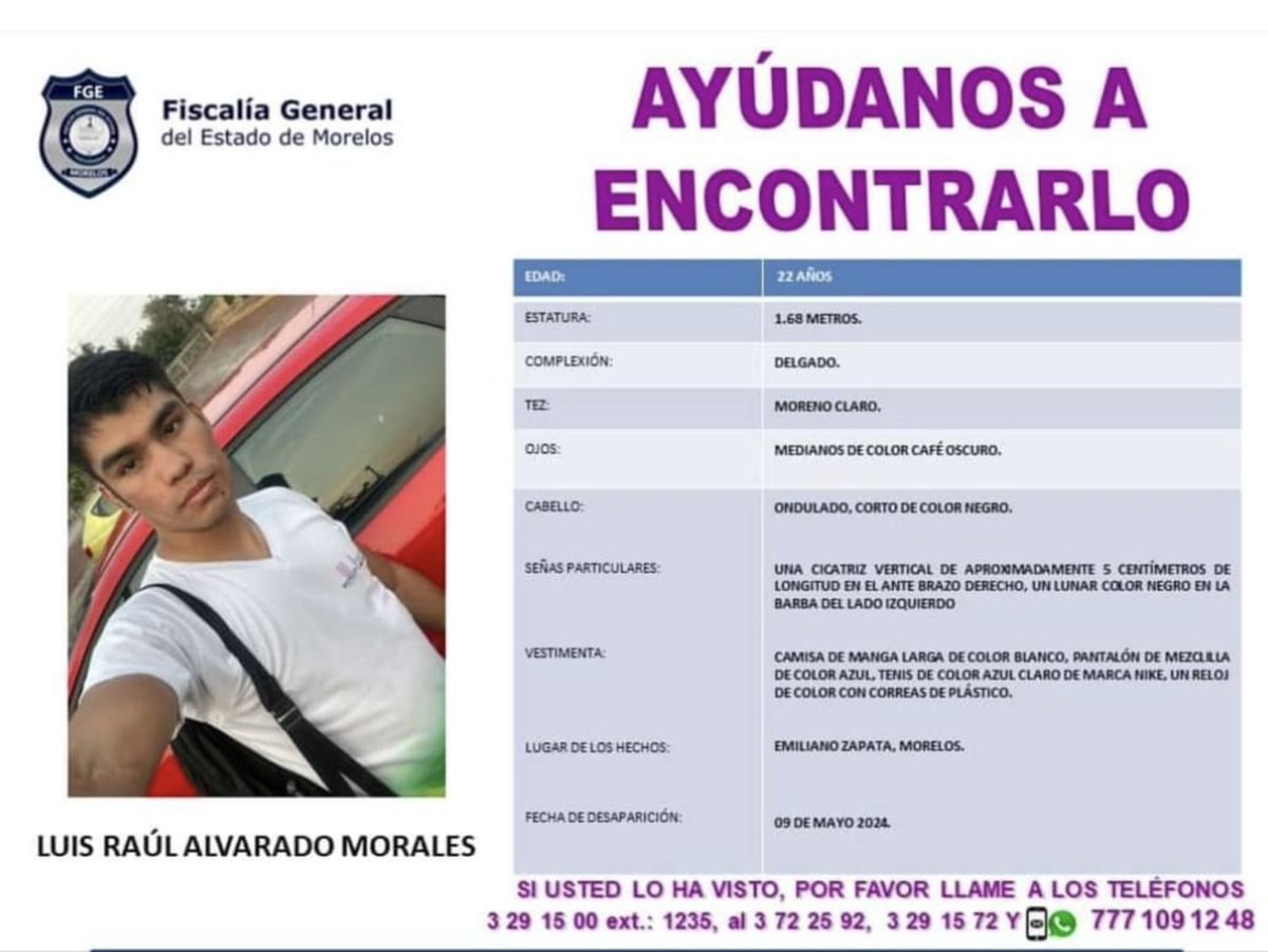 "Iron Boy" Alvarado, desaparecido desde hace 31 horas. Boxeador y joven excepcional, programado para su siguiente pelea en television internacional el 15 de Junio, se dirigia a su trabajo.

Ayudenos a difundir! <a href="/Fiscalia_Mor/">FISCALIA MORELOS</a>