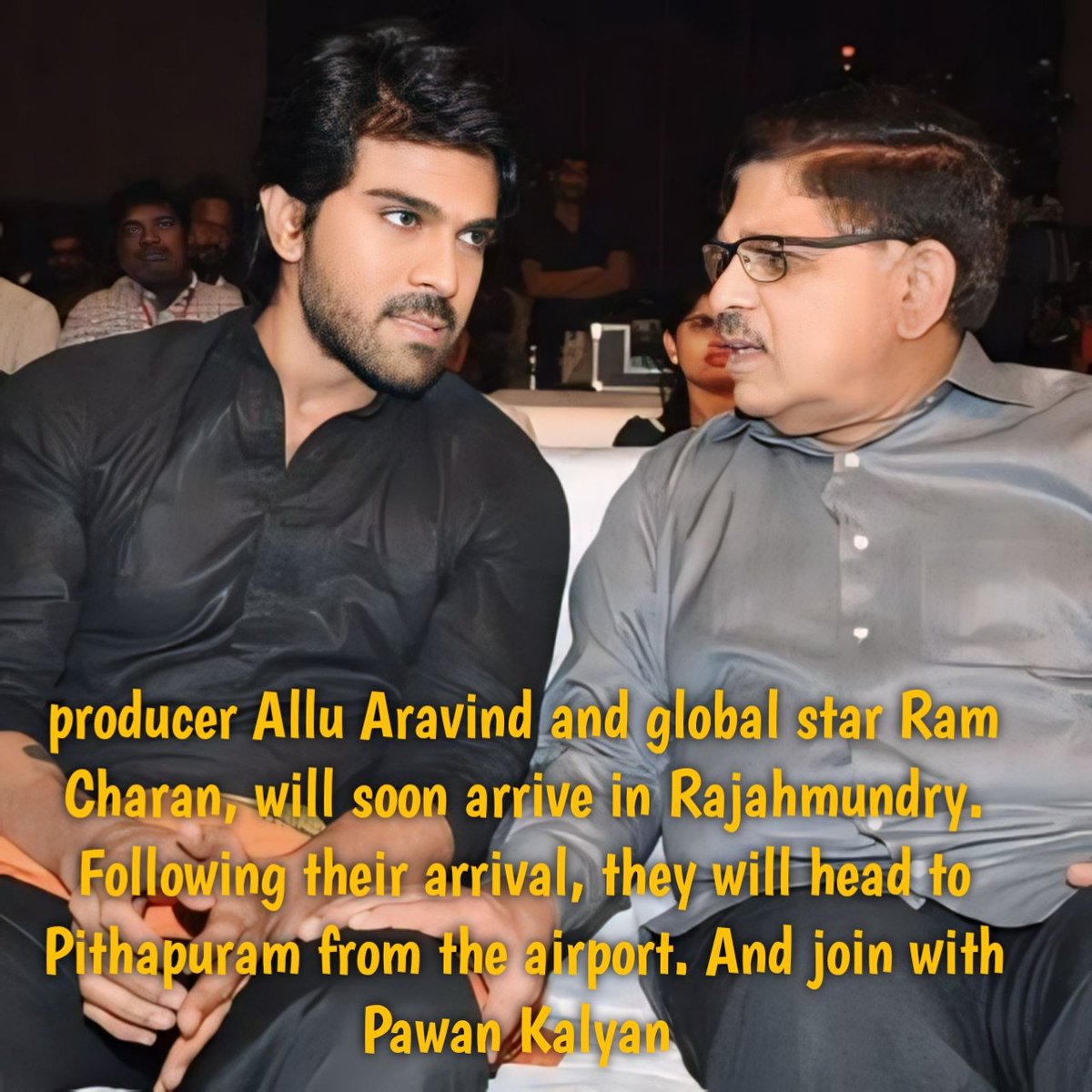 producer #AlluAravind and global star @AlwaysRamCharan accompanied by Surekha, will soon arrive in Rajahmundry. Following their arrival, they will head to Pithapuram from the airport. #VoteForGlass #HelloAP_ByeByeYCP #PawanKalyanWinningPithapuram #VoteForGlass #Pithapuram