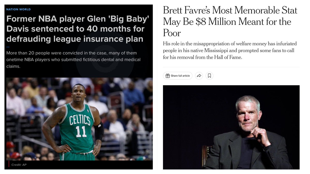 TalbertSwan's tweet image. A Tale of Two Athletes:

Glenn Davis, former NBA player, defrauded the league out of $80,000 in medical benefits.

He was sentenced to 40 months in prison.

Brett, former NFL player, defrauded the state of Mississippi out of $8 million designated for children, living in poverty .…