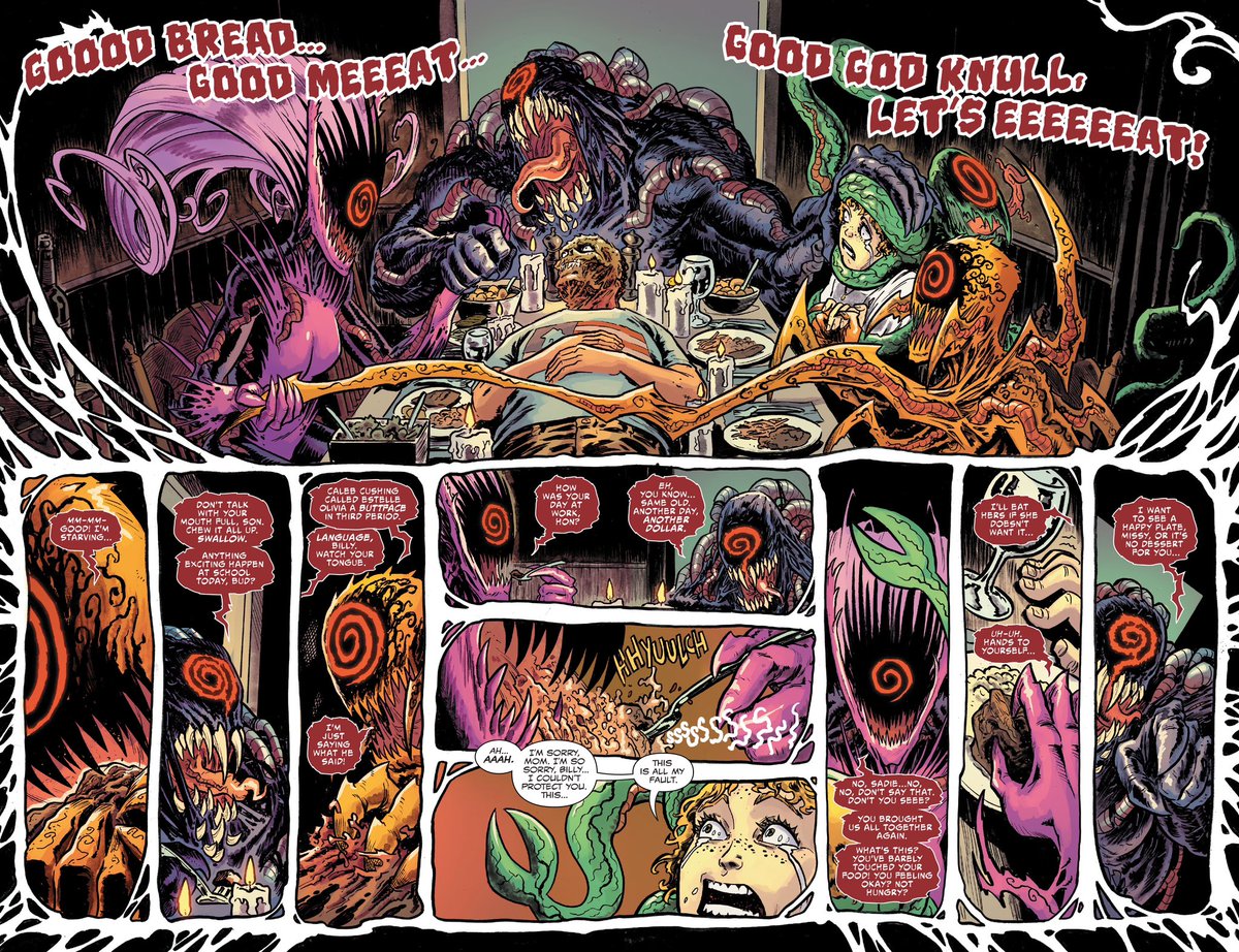 Taking the Texas Chainsaw style horror show of a dinner scene, but with Venom’s corrupted children was a stroke of genius by Clay Chapman & Brian Level. Symbiotes + Horror is always so good.