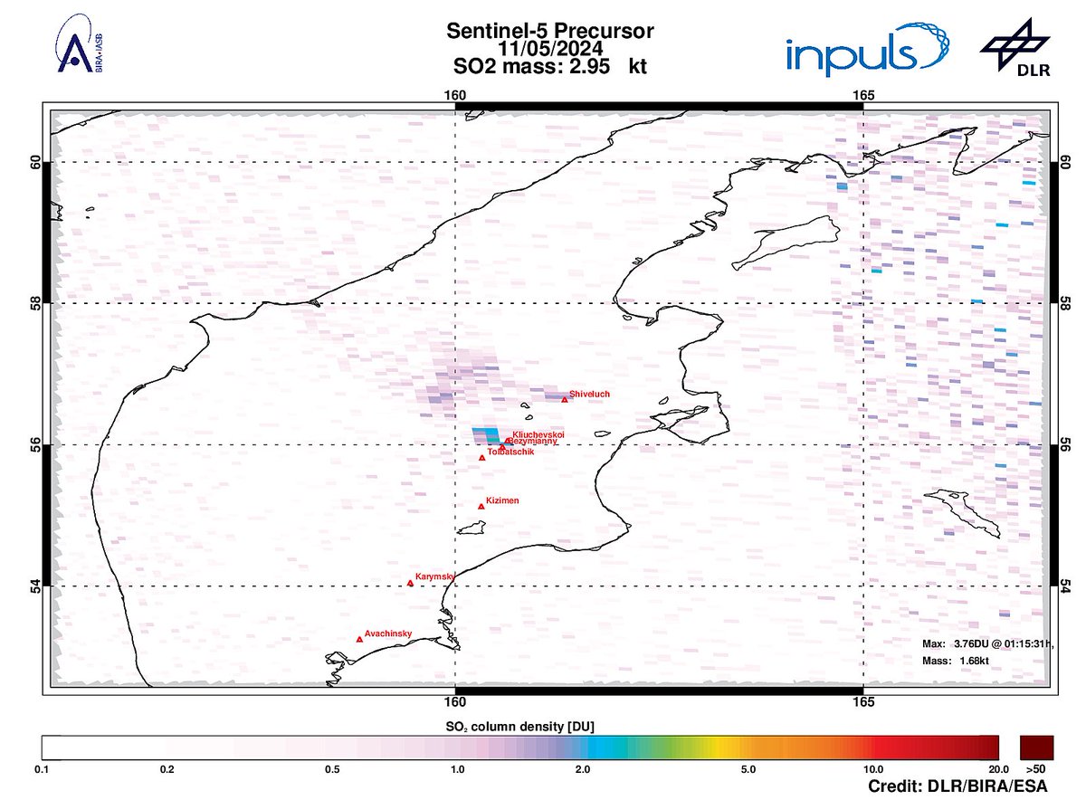 On 2024-05-11 #TROPOMI has detected an enhanced SO2 signal of 3.76DU at a distance of 10.7km to #Shiveluch. Other nearby sources: #Kliuchevskoi #Bezymianny #Tolbatschik. #DLR_inpuls @tropomi #S5p #Sentinel5p @DLR_en @BIRA_IASB @ESA_EO #SO2LH