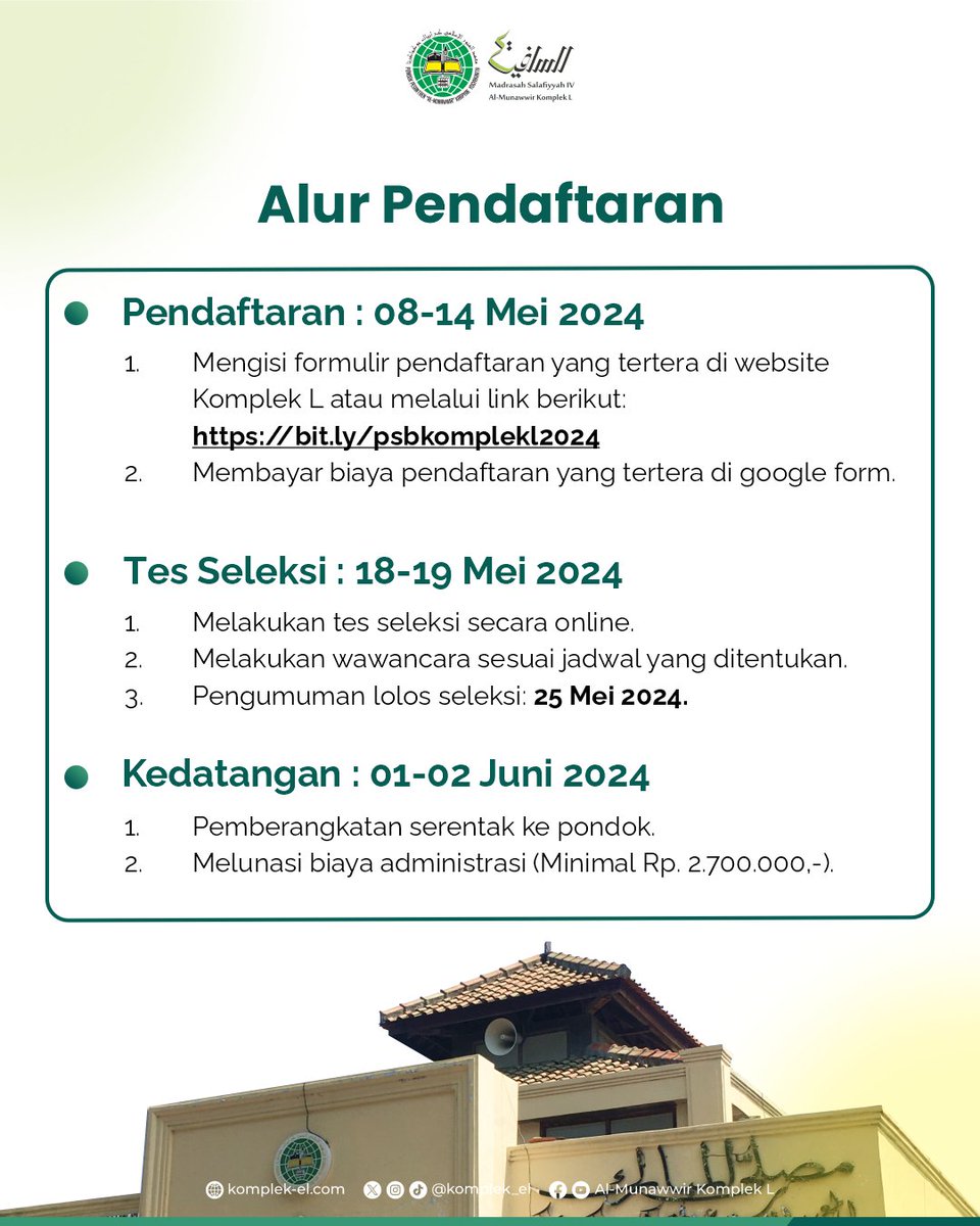 Komplek_el's tweet photo. Pendaftaran Santri Baru Pondok Pesantren Al-Munawwir Komplek L Tahun 2024 Resmi Dibuka.
Link Pendaftaran: https://t.co/rxnHZJ1egn
Untuk informasi lebih lenkap, silahkan lihat dan unduh brosur yang tertera dalam link di akun Instagram kami.
#komplek_el #almunawwir #krapyak https://t.co/VcyidmfAx1