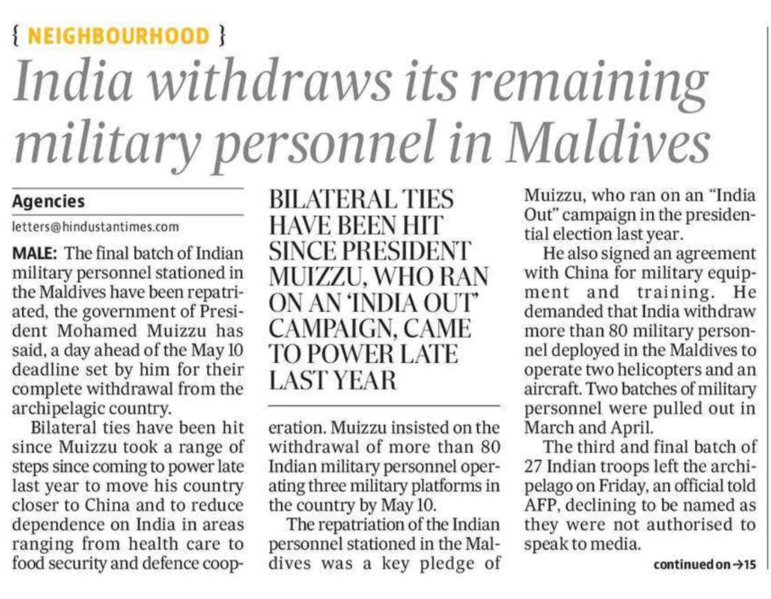 SushantSin's tweet photo. Maldives gave a deadline for "India Out". The Modi government complied.

All Indian military personnel are out before May 10. https://t.co/mZ43OUCRLC