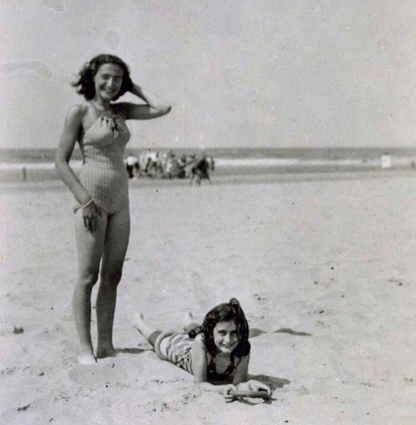 Anne Frank photographed with her sister Margot at the beach in Zandvoort, Netherlands, in 1940.