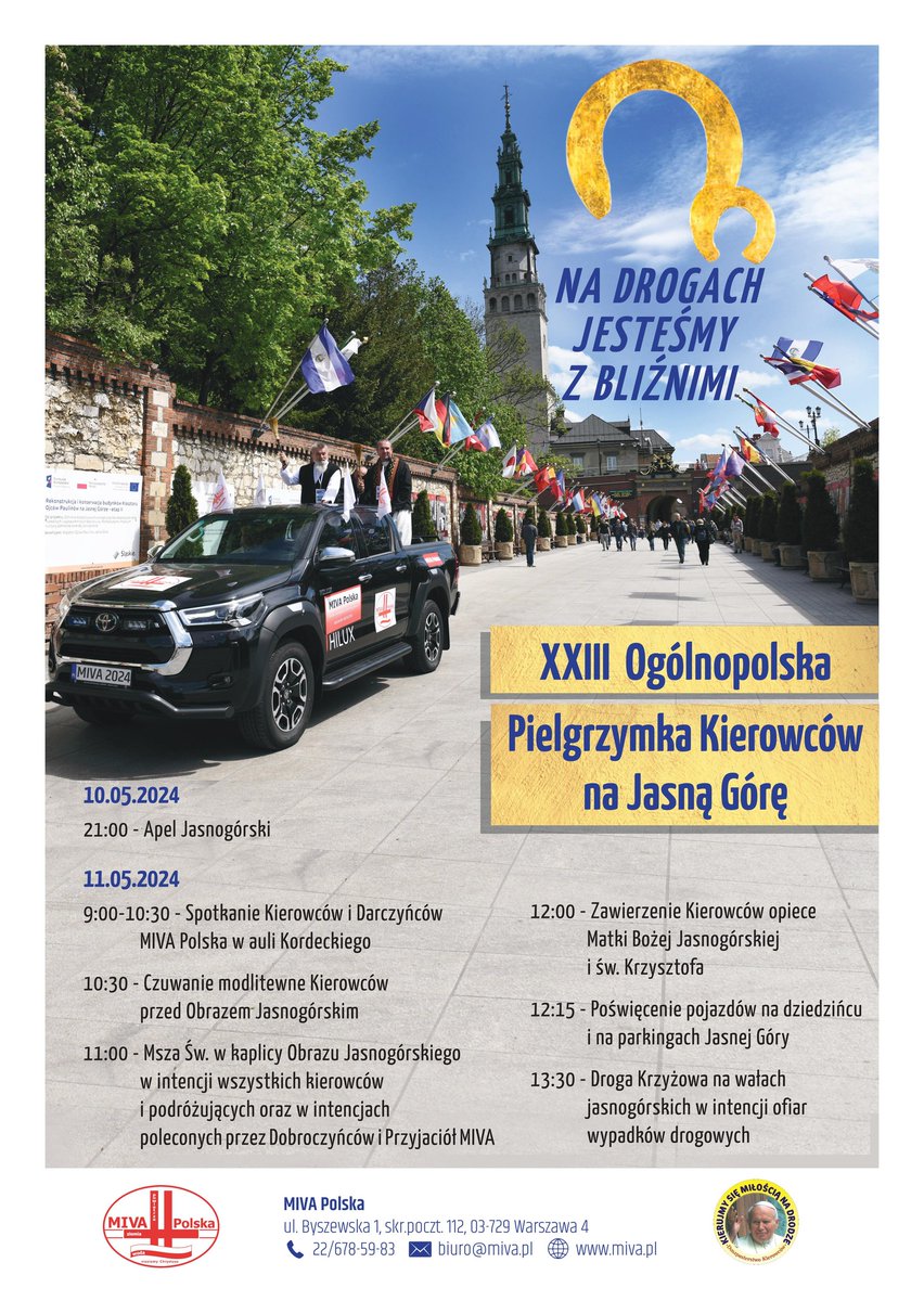 Dzisiaj odbywa się XXIII #OgólnopolskaPielgrzymkaKierowców na #JasnaGóra pod hasłem: 'Na drogach jesteśmy z bliźnimi'. Połączona jest ona z dziękczynieniem misjonarzy za pomoc kierowców w zakupie środków transportu. @MivaPolska