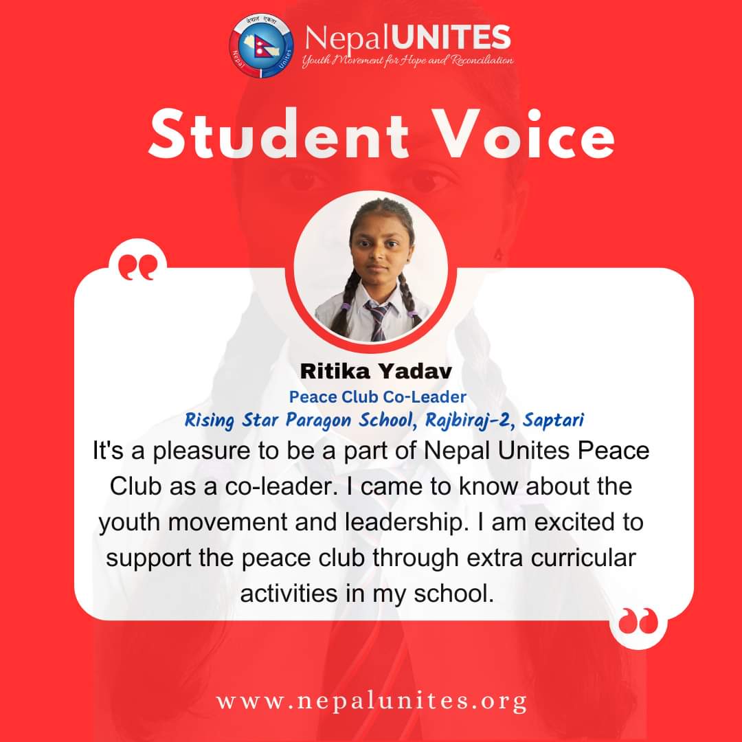 Voice from Ritika Yadav a student of Principal of Rising Star Paragon School ,Rajbiraj-2, Saptari, Madhesh Province, Nepal. 

#GlobalUnites #NepalUnites #Inspire #connect #equip #youth #PeaceClub #extracurrcularactivities #Schoolrelationtourprogram #NewGeneration #StudentVoice
