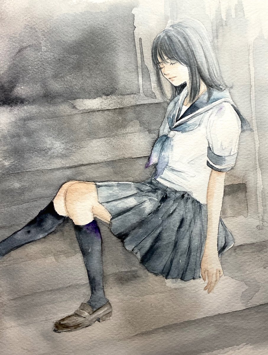 1girl solo long hair skirt black hair sitting school uniform  illustration images
