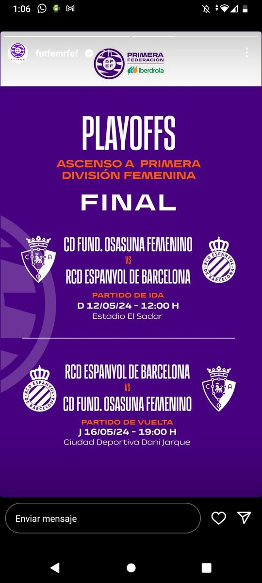 La final por el ascenso a la @LigaF_oficial 🇪🇦 @RCDEFemeni vs @Osasuna_fem 

Ida 12/05 
🏟️ El sadar

Vuelta 16/05
🏟️ Ciudad deportiva Dani Jarque