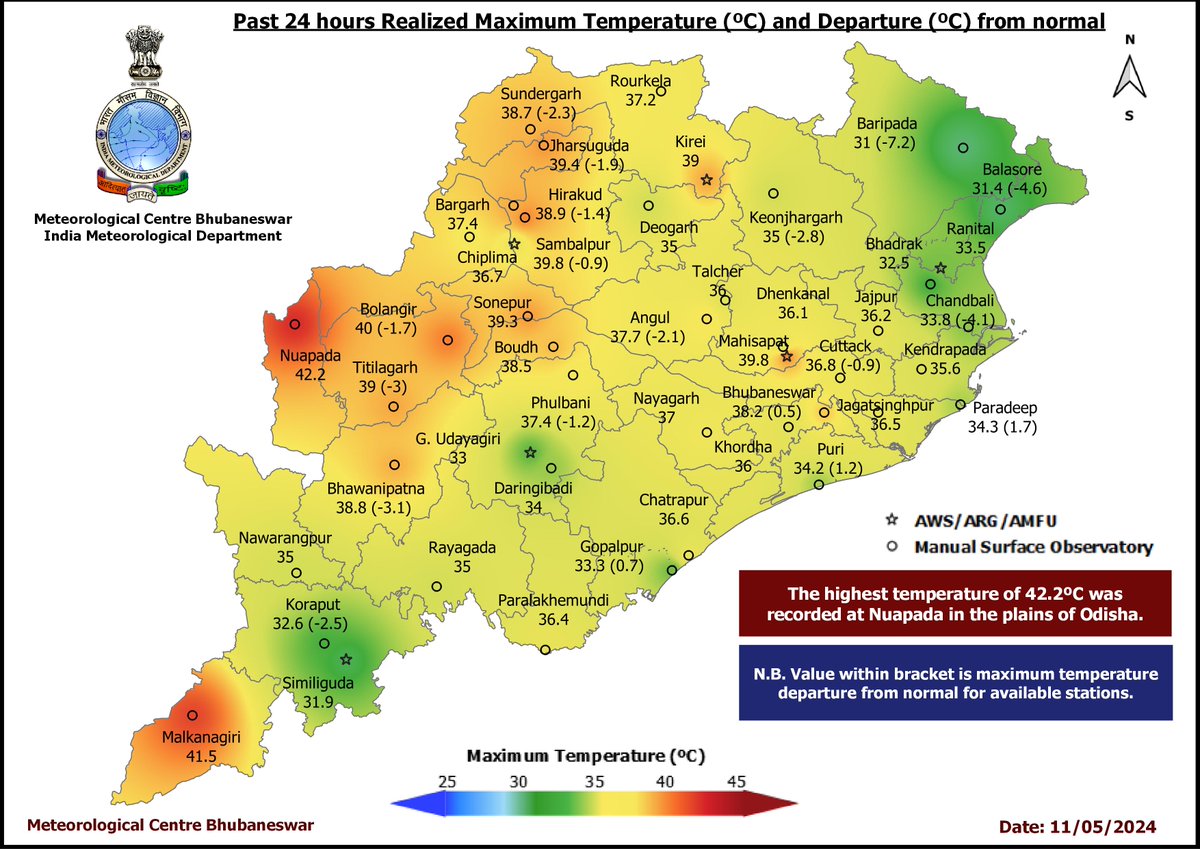 Past 24 hours Realized #MaximumTemperature (ºC) and Departure (ºC) from normal