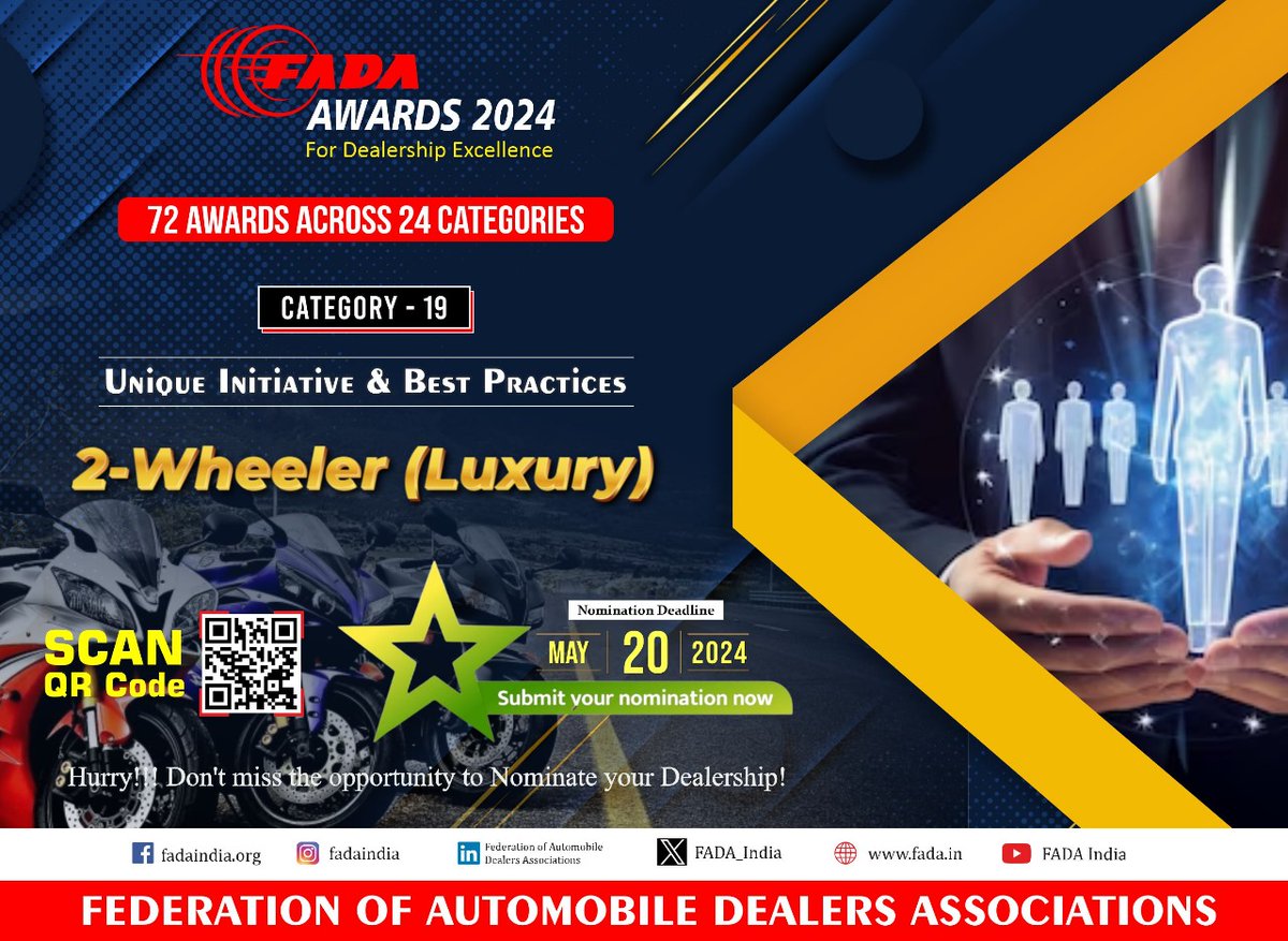 We are thrilled to announce that the prestigious FADA Dealership Excellence Awards 2024 are now accepting the nominations for Unique Initiative & Best Practices in 2-W (Luxury) category! Nominate Now at: fada.in/event-details.… #FADAAwards2024 #NominationsOpen